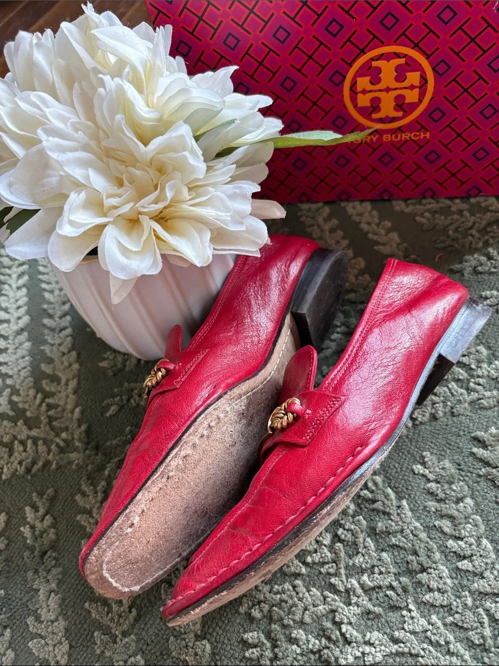 Tory Burch Red Leather Slip-On Loafers with Gold Logo Hardware